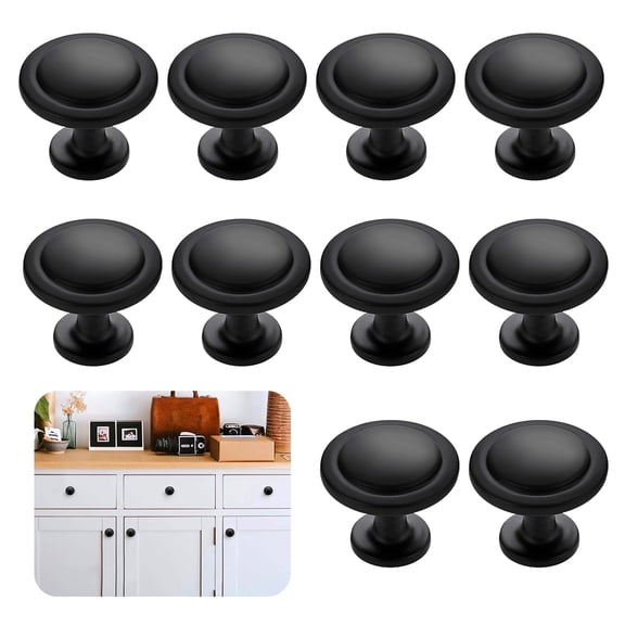 10 Pack Matte Black Round Cabinet Knobs, Aluminum Alloy Drawer Knobs, Single Hole Dresser Knobs, Handles for Kitchen Cabinets