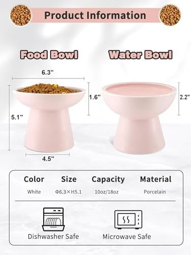 Elevated Cat Food and Water Bowls Set, Extra Wide and Raised Ceramic Feeder, Anti-Vomit Whisker-Free Pressure Feeding Bowl for Kittens Adult Cats Small Dogs(Pink, Food Bowl)
