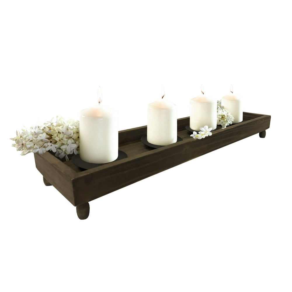 Wood Candle Tray 21 in. Antique Finish Tray with Four Metal Candle