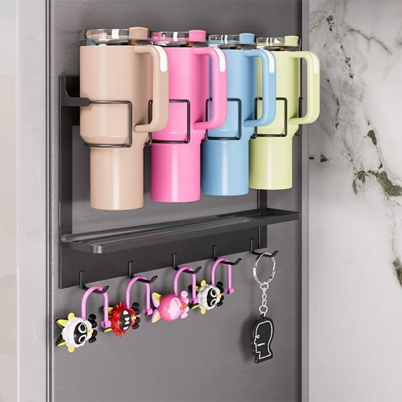 Water Bottle Organizer for Stanley & Large Tumbler, Magnetic Cup Rack Fridge Wall Mount Tumbler Holder Organizer, Kitchen Water Bottle Storage Rack with 5 Hook, Space Saving  (Black)