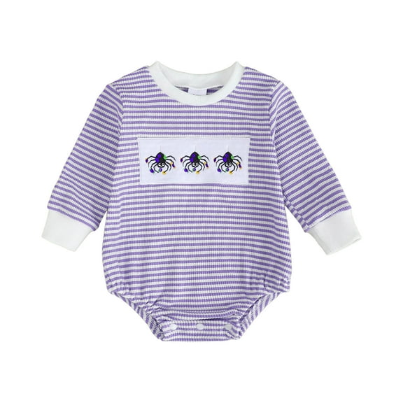 Staki Baby Girl Bodysuit Halloween Baby Clothes Newborn Striped Smocked Romper Infant Onesie Bodysuit Shirt Fall Outfit(Purple,6-12 Months)