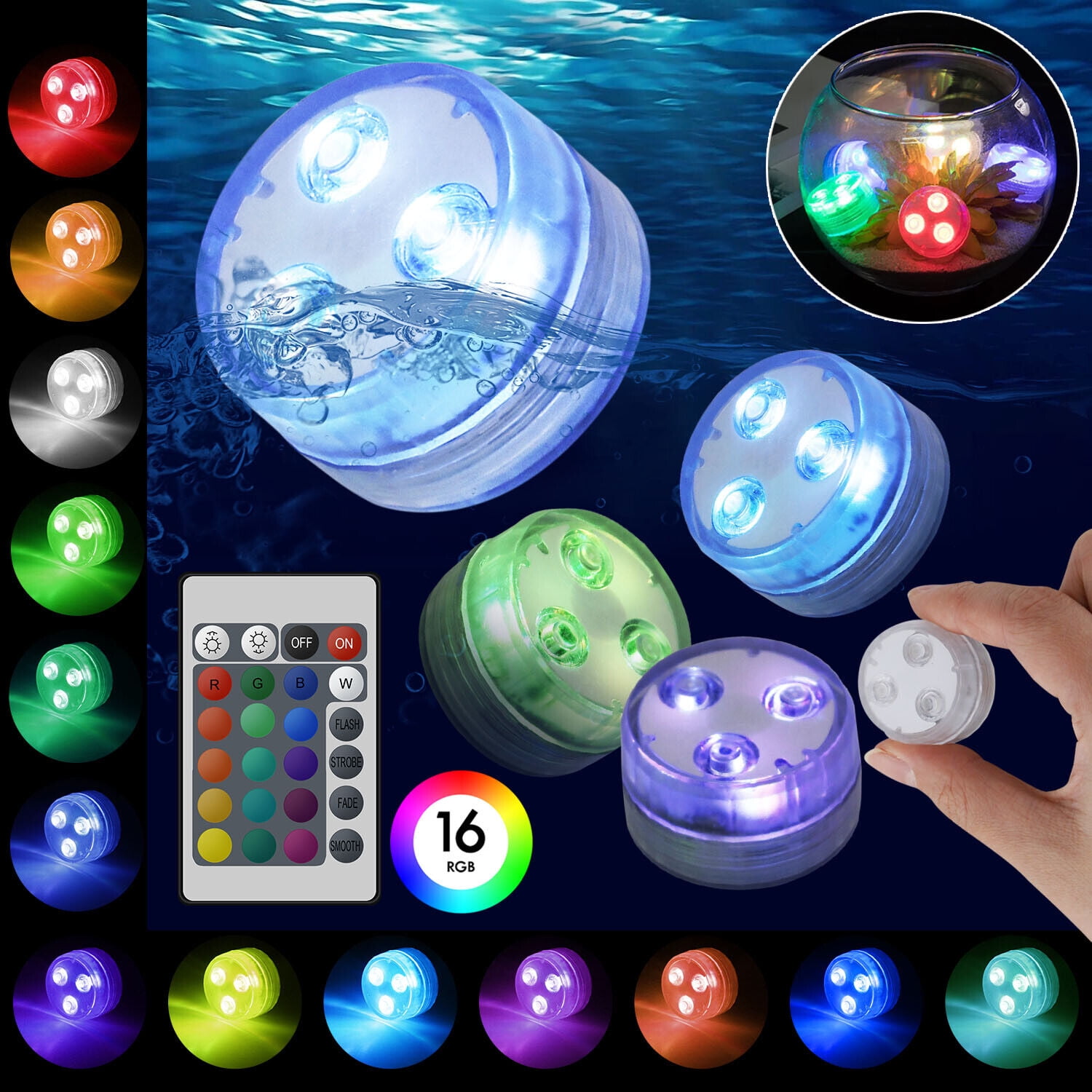 Htwon Waterproof Underwater Led Lights w/Remote Swimming Pool Fountain Vase Tub 4/16Pcs