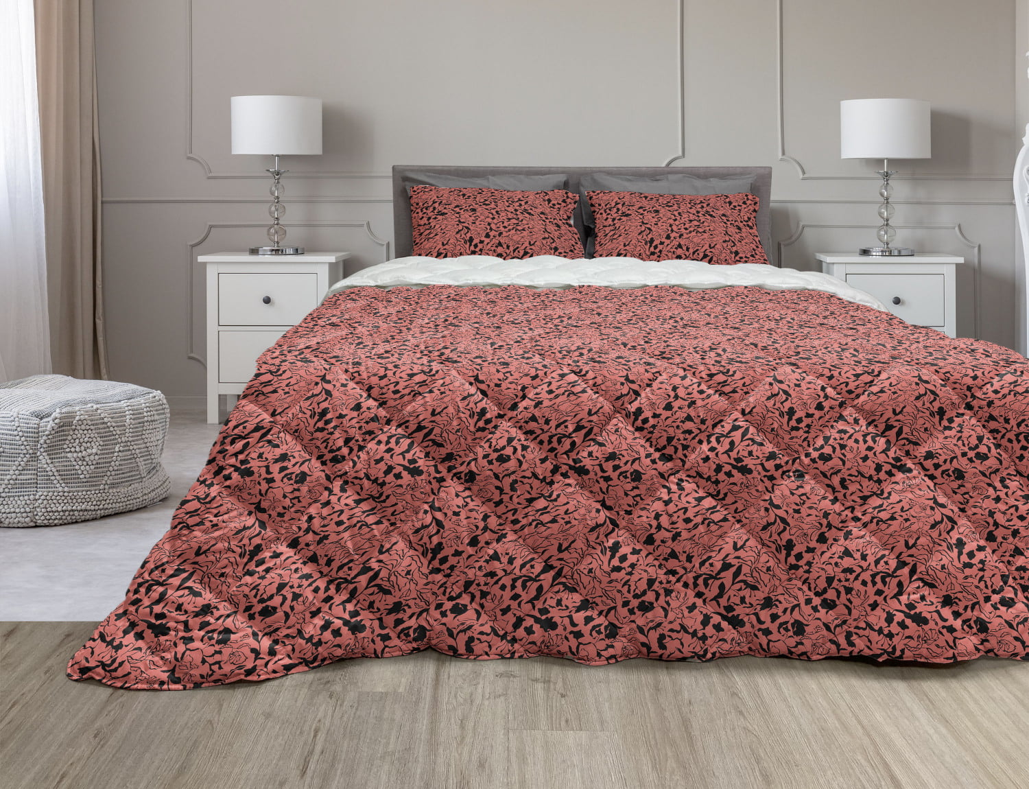Tulip Leaf Quilt Duvet Cover Bedding Bed Set Reversible Grey or Coral 