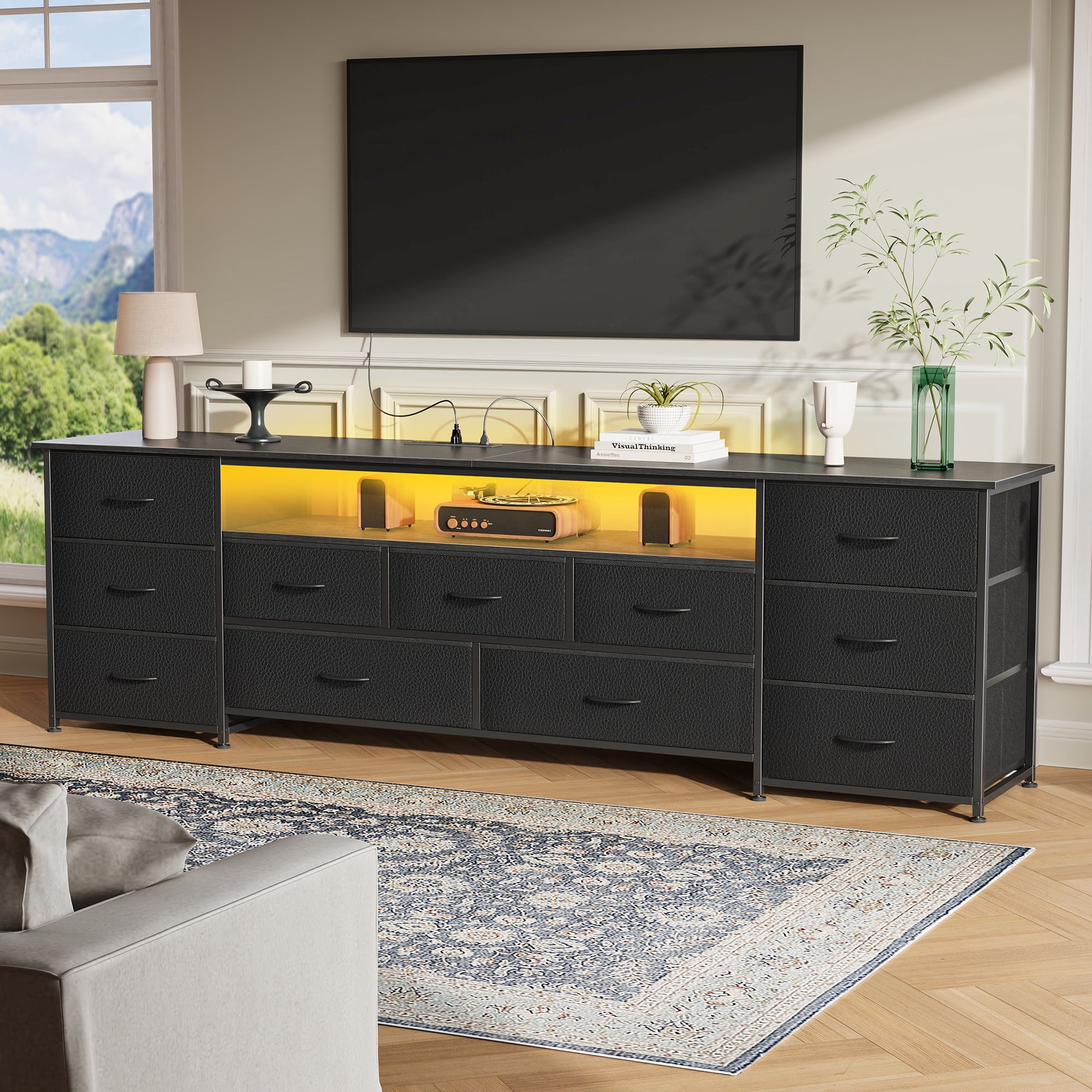 Amadwell Large TV Stand for 75, 80 Inch TVs, 11 Drawer Long Dresser with Power Outlets & LED Lights, 70 inch Entertainment Center