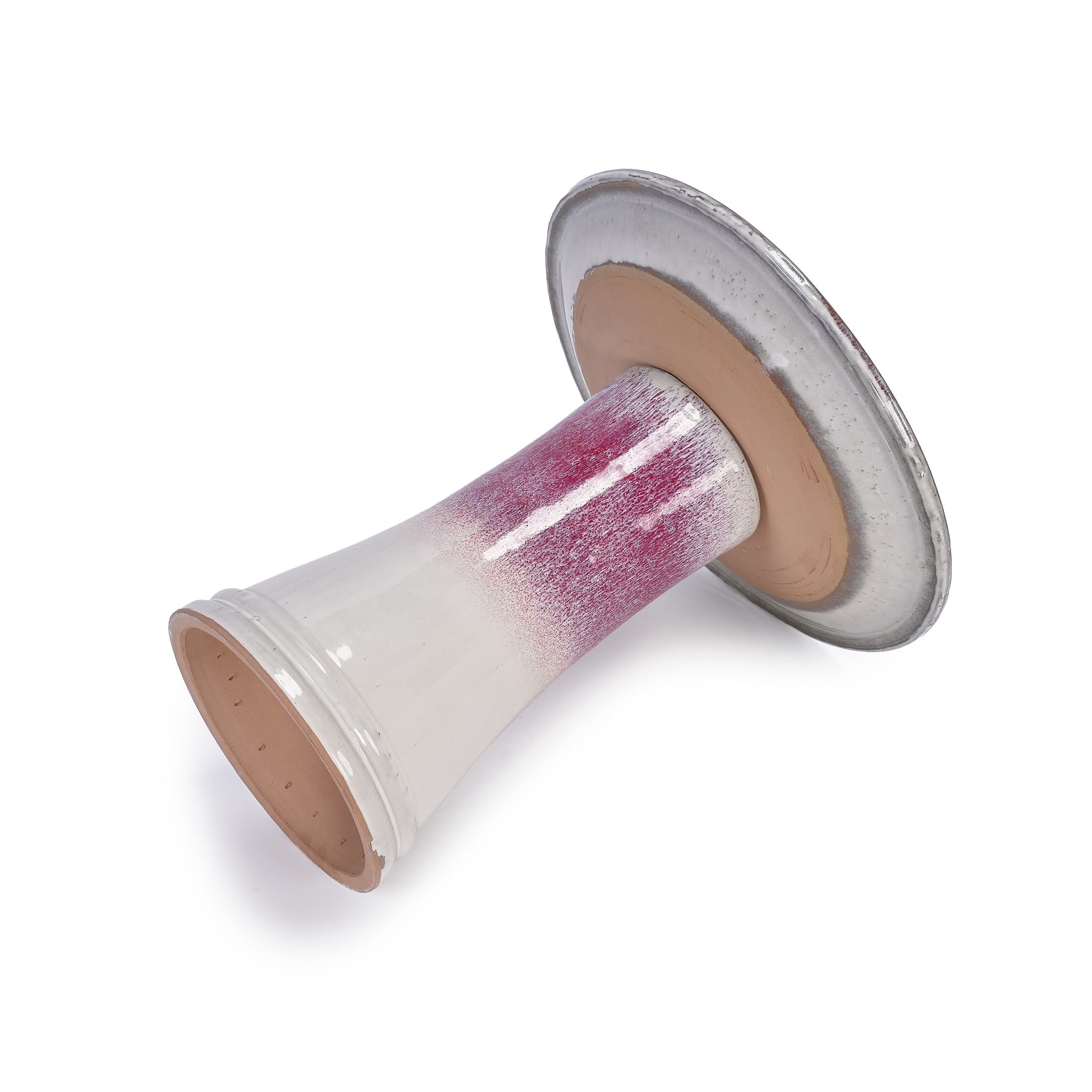 Noble House Barnaby Ceramic Birdbath, Ombre Glaze with Striped Detailing, Modern Outdoor Garden Accent, White + Pink