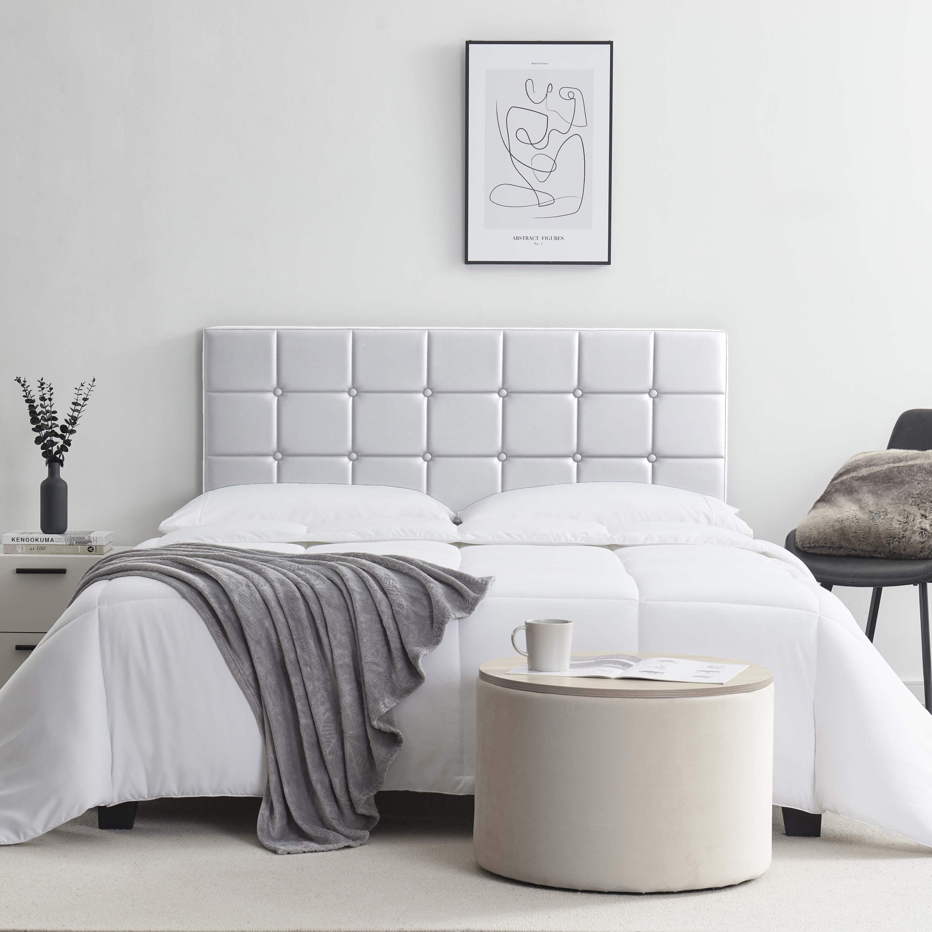 LammaLoe Faux Leather Button Square Tufted Full Headboard with Adjustable Height, White, Full