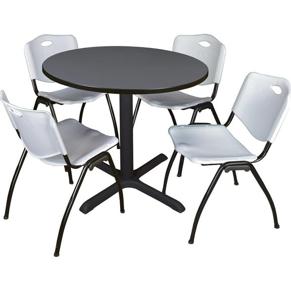 HomeStock Rustic Revival 36" Round Breakroom Table- Grey & 4 'M' Stack Chairs- Grey, Ideal for Cafeterias, Dining, and Office Spaces