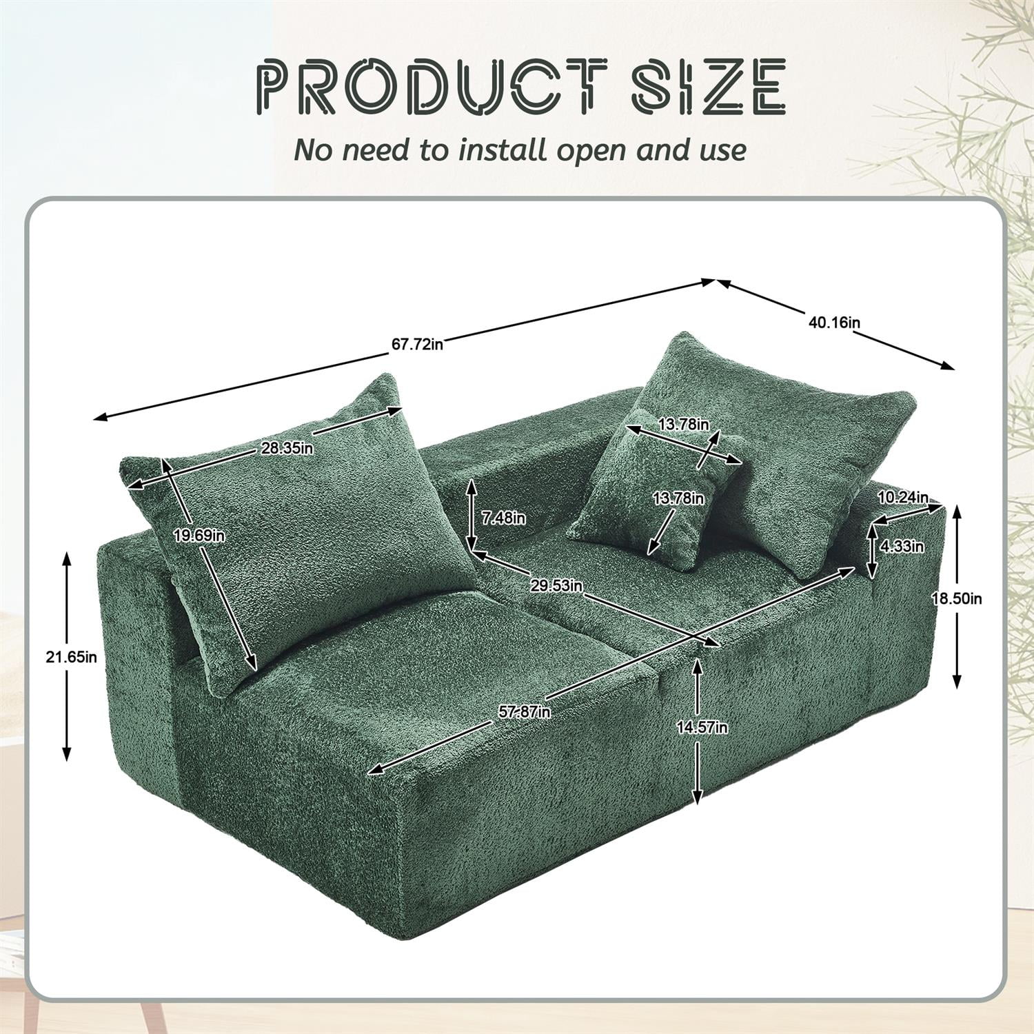 Demi Bonn 67" Premium Fabric Sofa, Cozy 2-Person Couch for Living Room and Office, Comfort Style Lazy Leisure Seat, Green