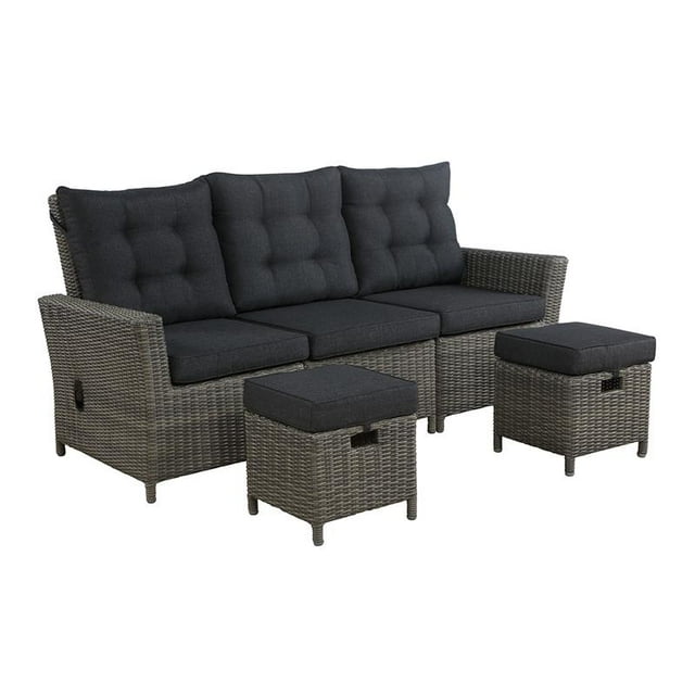 Asti en Osier / Rotin 3 Pièces avec Canapé Inclinable et Deux Poufs en Gris