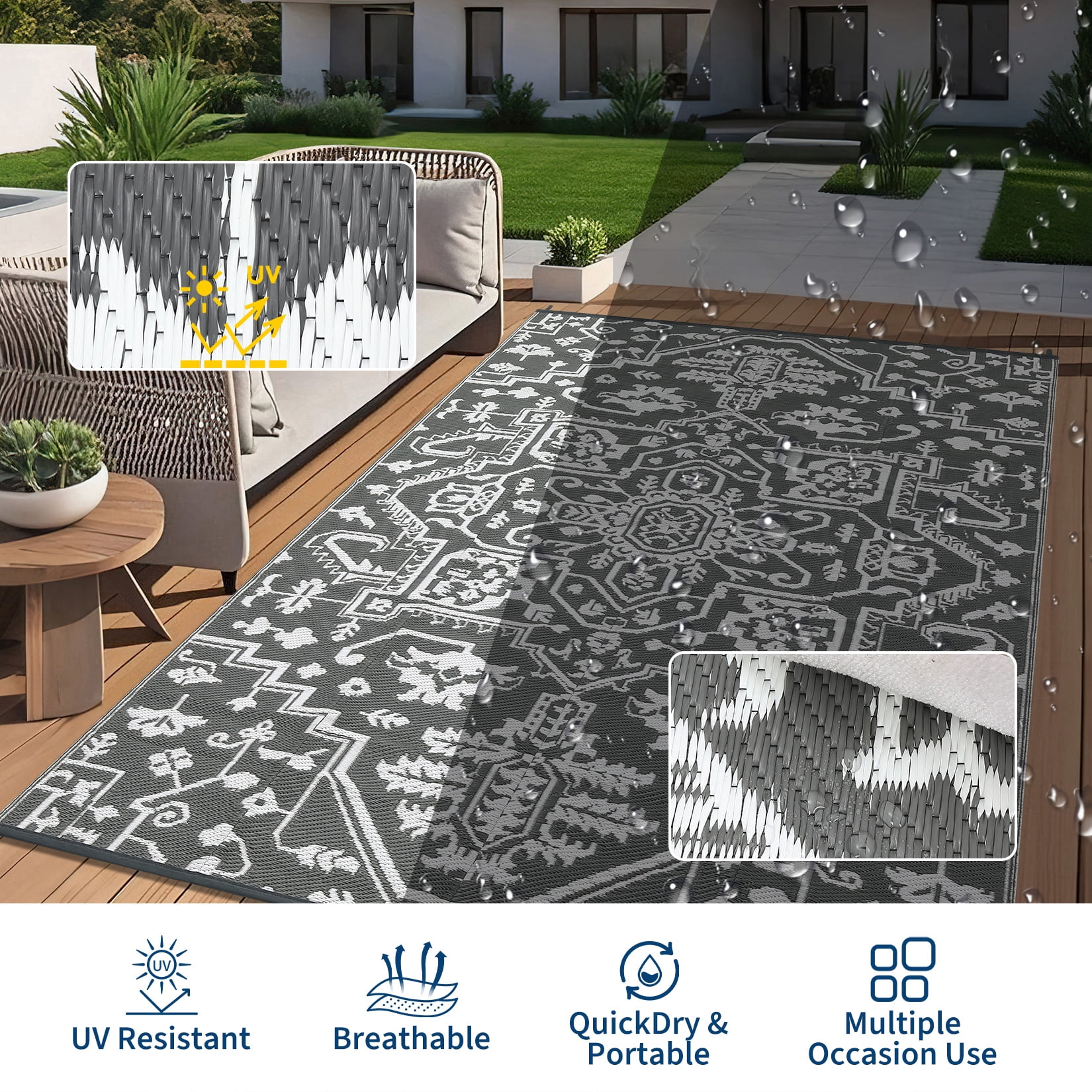9'x12'/8'x10'/9'x18' Large Outdoor Rug for Patio Rugs, Reversible Straw Rug Medallion Pattern, Vintage Camping Rug for RV, Porch, Deck, Backyard, Balcony