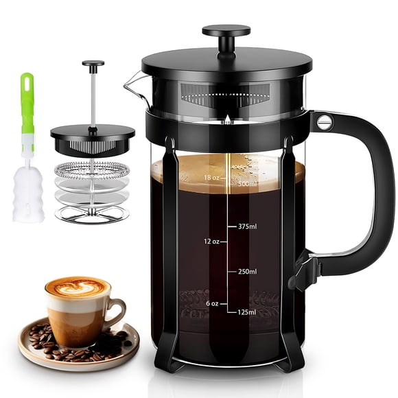 YMMIND Cafetera de prensa francesa Prensa de café de acero inoxidable 304 de 21 oz, con sistema de 4 filtros, vidrio de prensa francesa de borosilicato de espesor resistente al calor, émbolo de café d