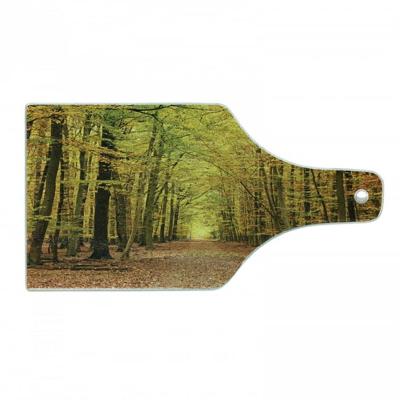 Fall Cutting Board, Pathway in Autumn Forest with Faded Seasonal Leaves Dramatic Romantic Season Scene, Tempered Glass Cutting and Serving Board, Wine Bottle Shape, Yellow Brown, by Ambesonne