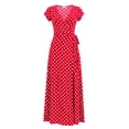 thumbnail image 4 of ClodeEU Women's Polka Dot V Neck Short Sleeve Waist Tie High Side Slit Wrap Maxi Dress,Casual Summer Beach Vacation Dress Red,Women's Plus M, 4 of 4