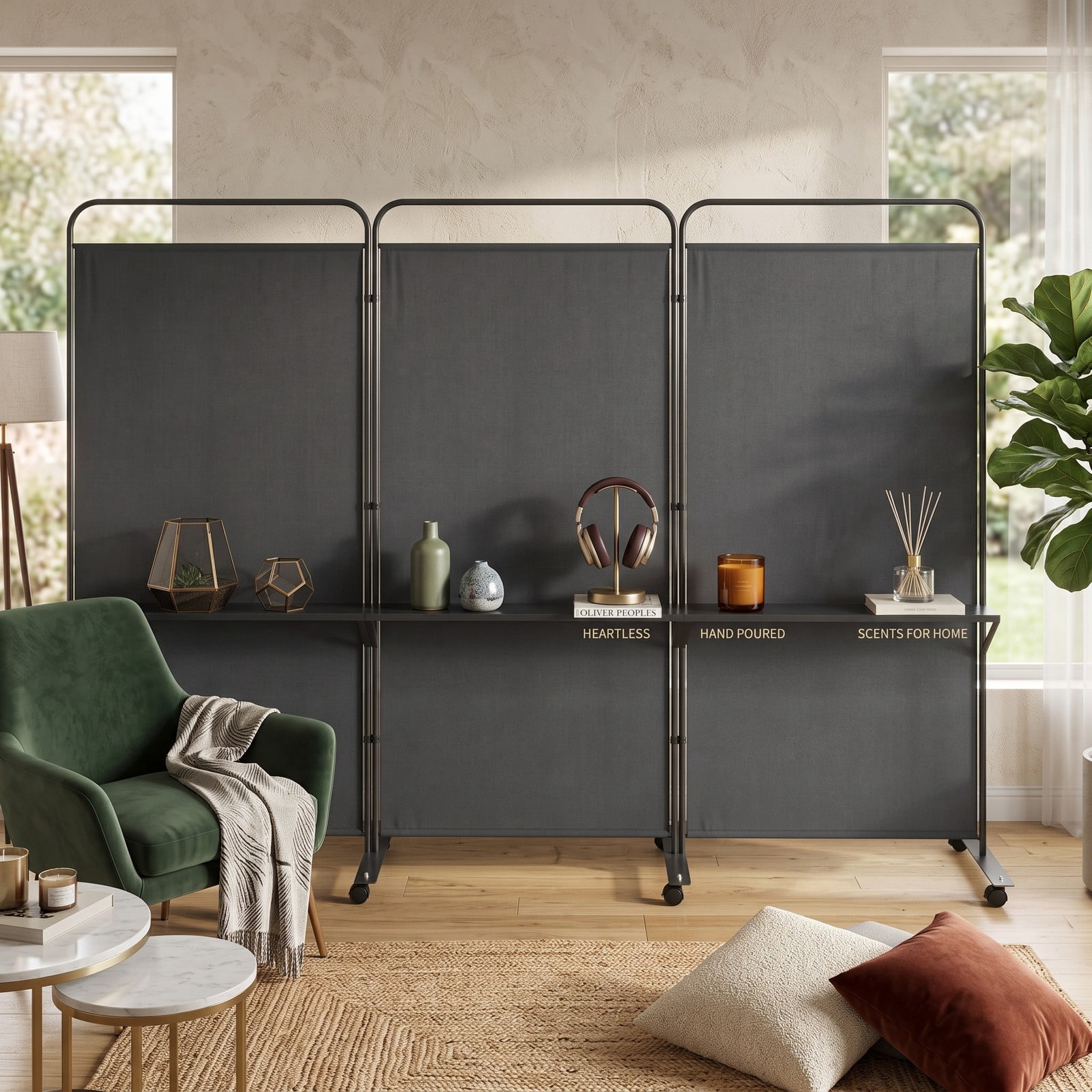 ALPULON 3-Panel Folding Room Divider Privacy Screen with 3 Metal Shelves and Lockable Wheels, Freestanding Partition Panel for Living Room Bedroom Office, Black