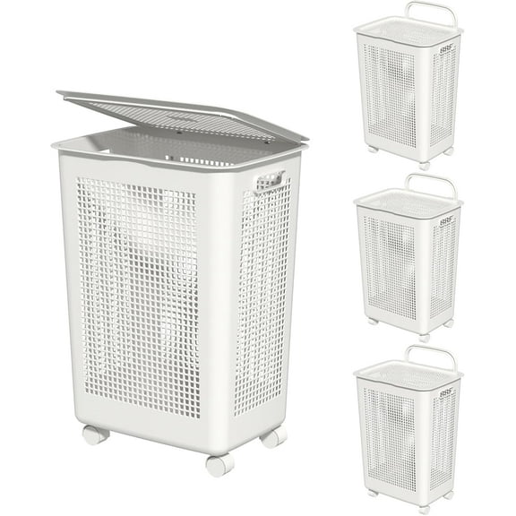 4-Pack 65 L Plastic Dirty Clothing Storage Organizer with Wheel, Tall Rolling Laundry Hamper with Lid, White