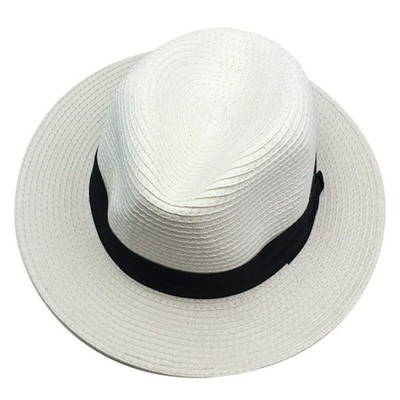 yunLXY Summer Caps White hat Women Wide Brim Straw Panama Roll up Hat Beach Sun Hat One Size 1PC