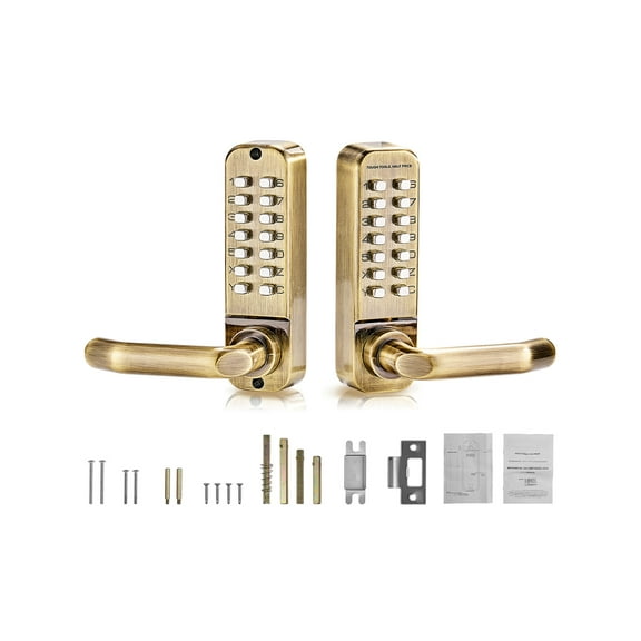 KFFKFF Non-Electronic Keyless Door Entry, 14-Key Mechanism Door Security, Keyless Entry Door Lock with Handle, Dual-Sided Stainless Steel Weatherproof Keyless Gate Security