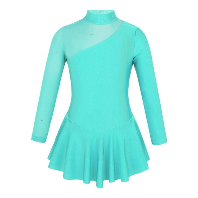 inhzoy Robe de Patinage Artistique pour Filles Manches Longues avec Strass Robe de Danse Ballet Justaucorps de Gymnastique Vert Menthe 6