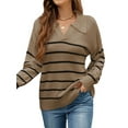 thumbnail image 3 of Women Striped Sweater V Neck Long Sleeve Loose Sweater Knit Pullover Jumper Tops Brown L, 3 of 7