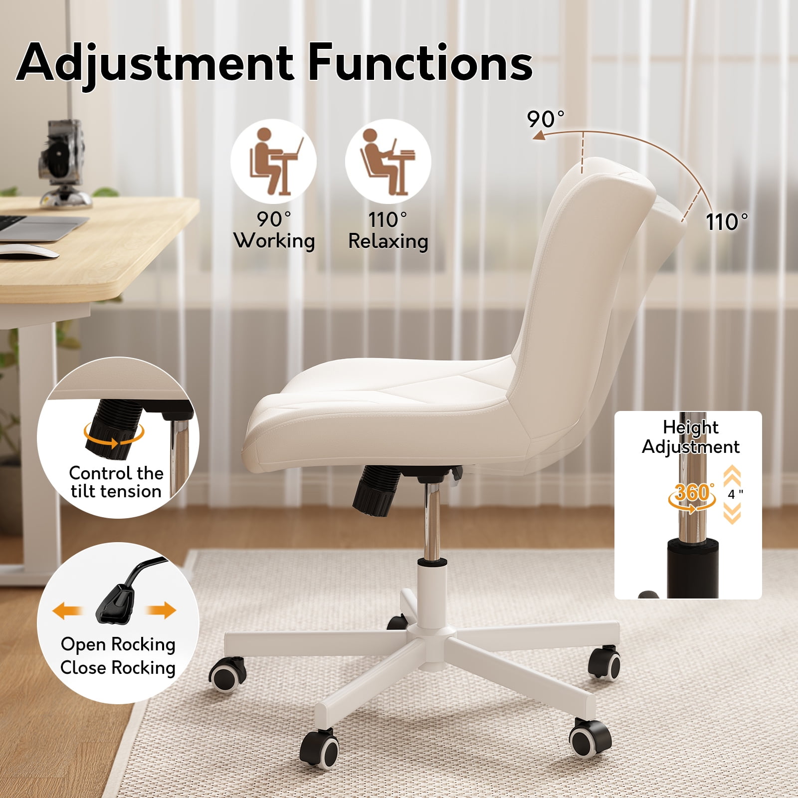 Genpo Armless Desk Chair, White Leather Office Desk Chairs with Wheels, Mid Back and Lumbar Support for Computer Home Small Space Vanity Makeup