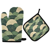 Yayeee Oven Mitts and Pot Holder Set of 2 Heat Resistant Kitchen Gloves Baking Hot Pad, Green Abstract Shapes