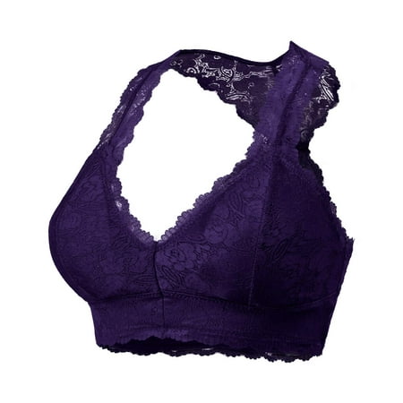 

URBAN DAIZY Women s Seamless Lace Bra Racerback Padded Sexy Floral Mesh Bralette Crop Top Removable Pads Breathable Bustier A11_6324 Dark Purple M