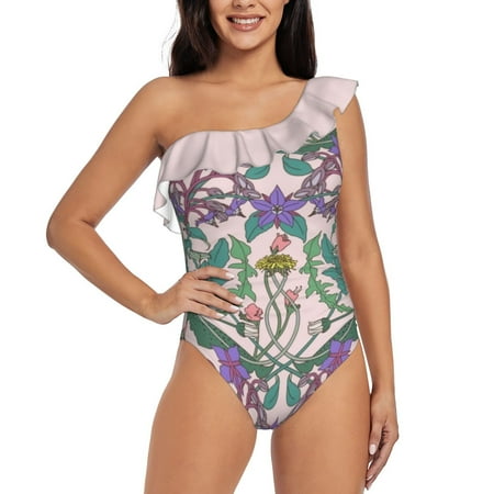 Dandelion Ii One Shoulder Ruffle Swimsuits Bodysuit One Piece Swimwear Women New Female Beach Swimsuit Floral Flowers Wallpaper