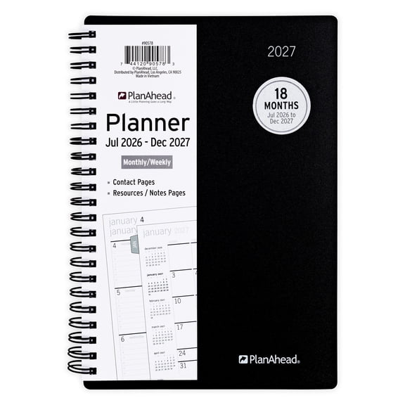 PlanAhead Monthly Weekly Planner, 5.75" x 8", 18 Months (Jul 2026- Dec 2027), Medium, Black