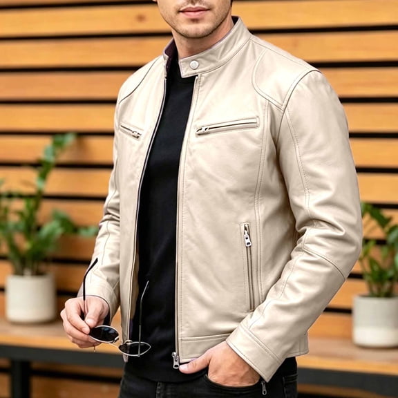 SGFCWSX Men's Moto Jacket Wind Resistant Stand Collar Multi Pockets Loose Fit Daily Athletic Jackets Beige Size 5XL
