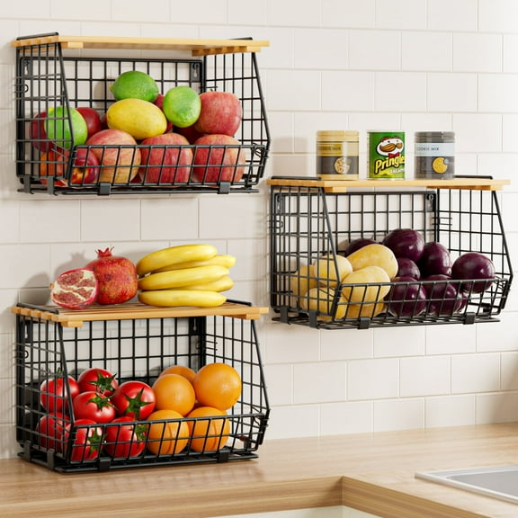 TINANA Stackable Fruit Baskets with Bamboo Lid: 3 Pack Hanging Fruit Basket for Kitchen Counter, Wire Basket Pantry Organizer for Vegetable Fruits Potato Onion Storage, Black