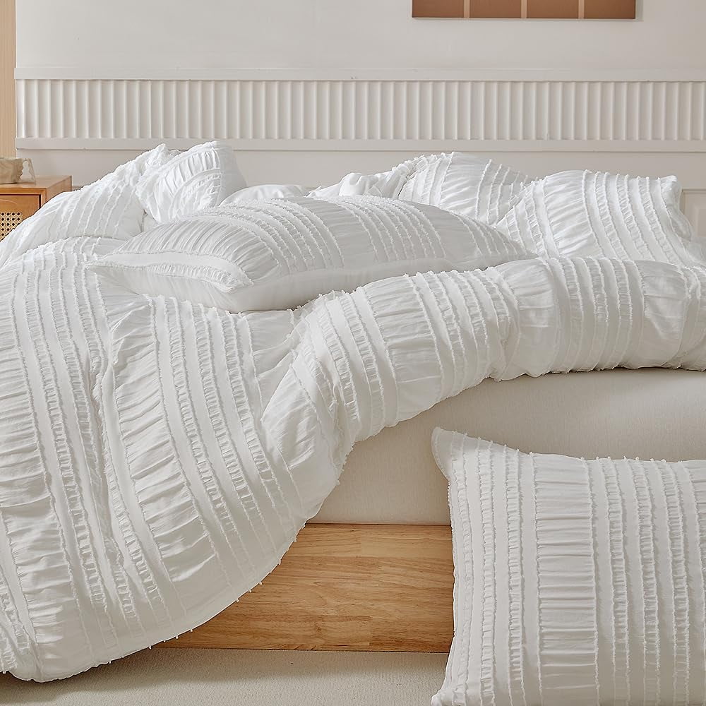 JOLUSERE White Duvet Cover King Sets, 3 Pieces Soft Breathable Striped Textured Comforter Cover Set