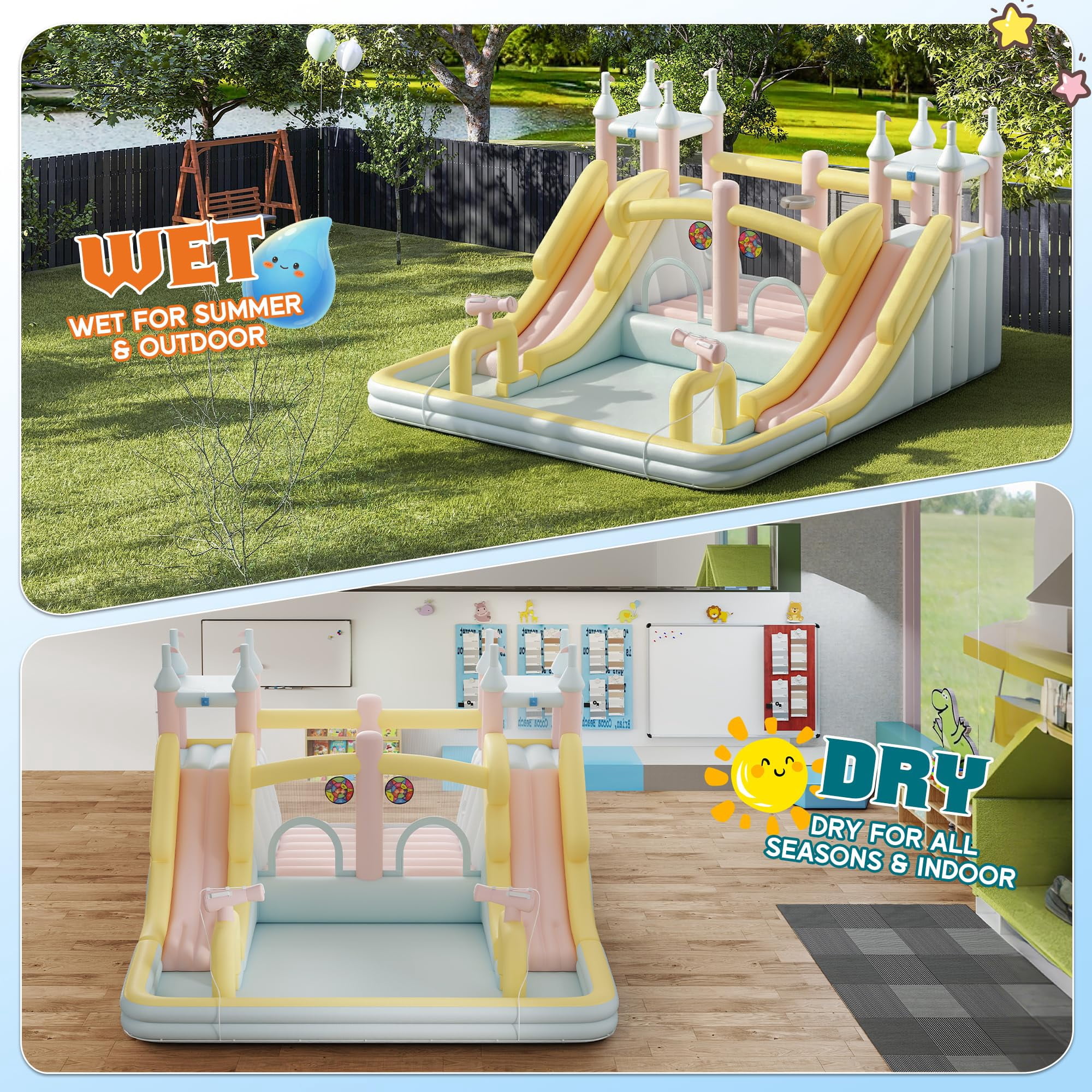 LUXOAK Inflatable Bounce House, Water Slide with Jumping Area, Climbing Wall, Splash Pool and Water Gun, Pastel Color for Beach, 177x163x94 inch