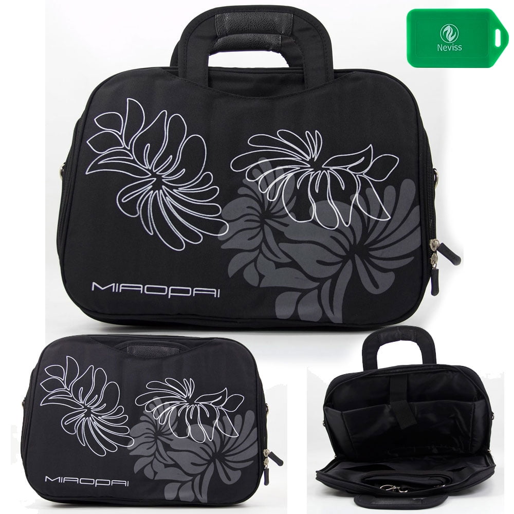 14' Black Shoulder Laptop Bag with Grey and White Flowers and Handles