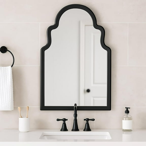Classic Arched Top Wall Mirror, 40"×24" Black Solid Wood Frame Decorative Wall Mirror for Bathroom, Mantle, Entryway, Living Room