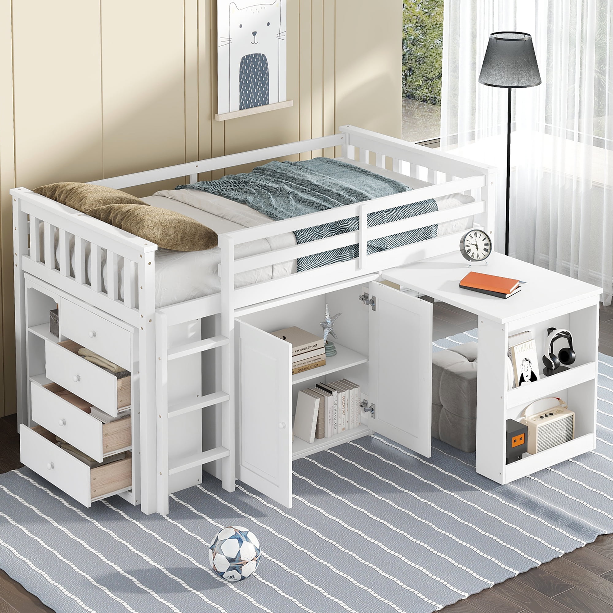Sailvan Twin Loft Bed with Storage Cabinet, Drawer and Shelf Cabinet and Pulling-Out Desk