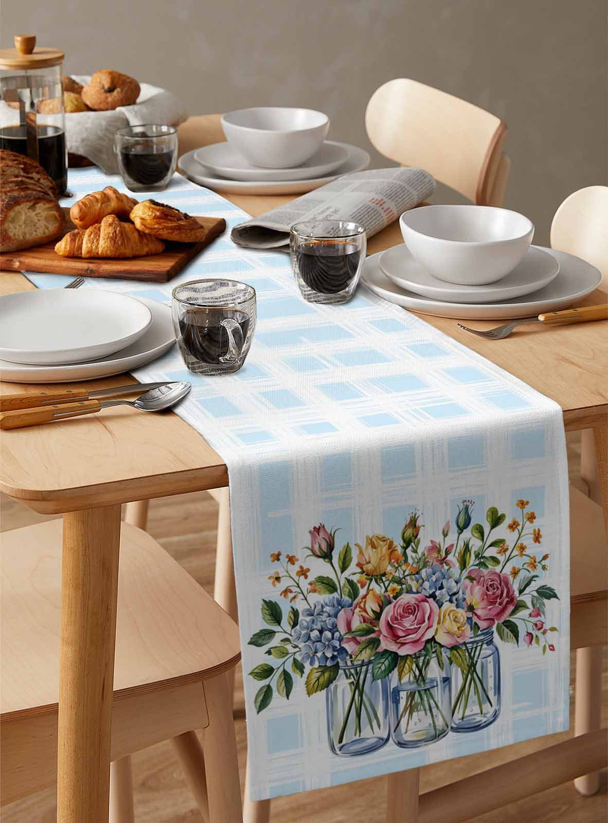 Pink Spring Floral Table Runner Blue Plaid Farmhouse Watercolor Flowers Tablerunners 14 x 72 Inch, Table Decorations Tabletop Scarf for Summer Gathering Holiday Farmhouse Kitchen Dining Decor