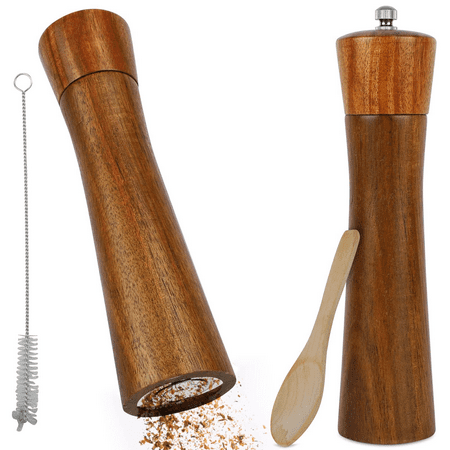 

WOVTE Salt and pepper grinder with spoon and cleaning brush wooden pepper mill set with 2 sets of spice grinders ceramic grinder adjustable coarseness premium gift box ideal as a gift