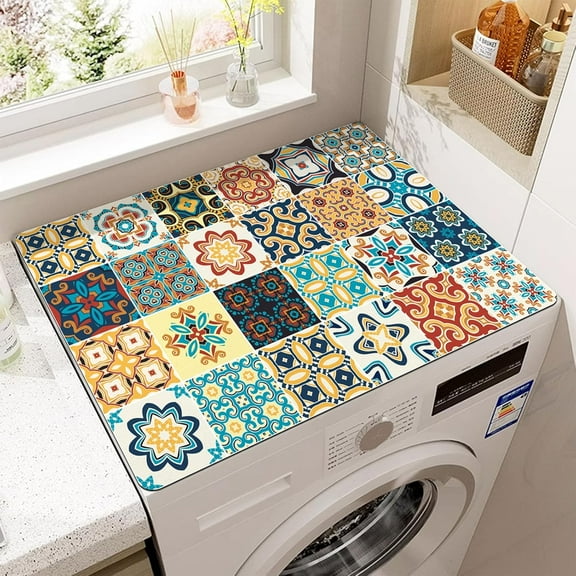 Washer Top Cover Mat Washing Machine Dust Cover Pad 23.6" x 19.7" Mandala Plaid Print Washer Dryer Covers for The Top, Anti-slip Washing Machine Top Protector for Laundry Room Kitchen Home Decor