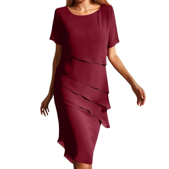 Puliio Women's Summer Dressees Patchwork Chiffon Round Neck Short Sleeved Dress Solid Color Tiered Smocked Dress