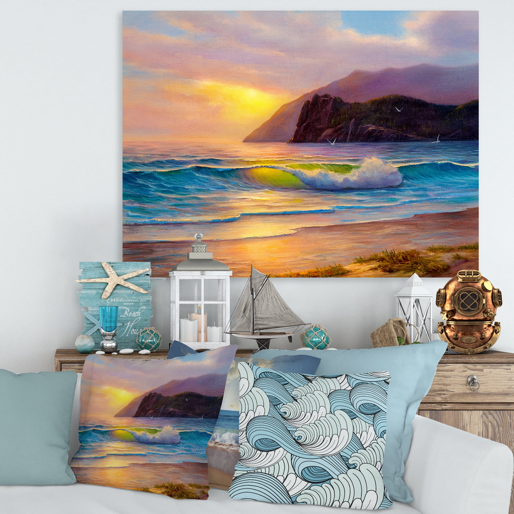 Designart ' Sunrise Glow On The Sea Waves V ' Nautical & Coastal Canvas Wall Art Print