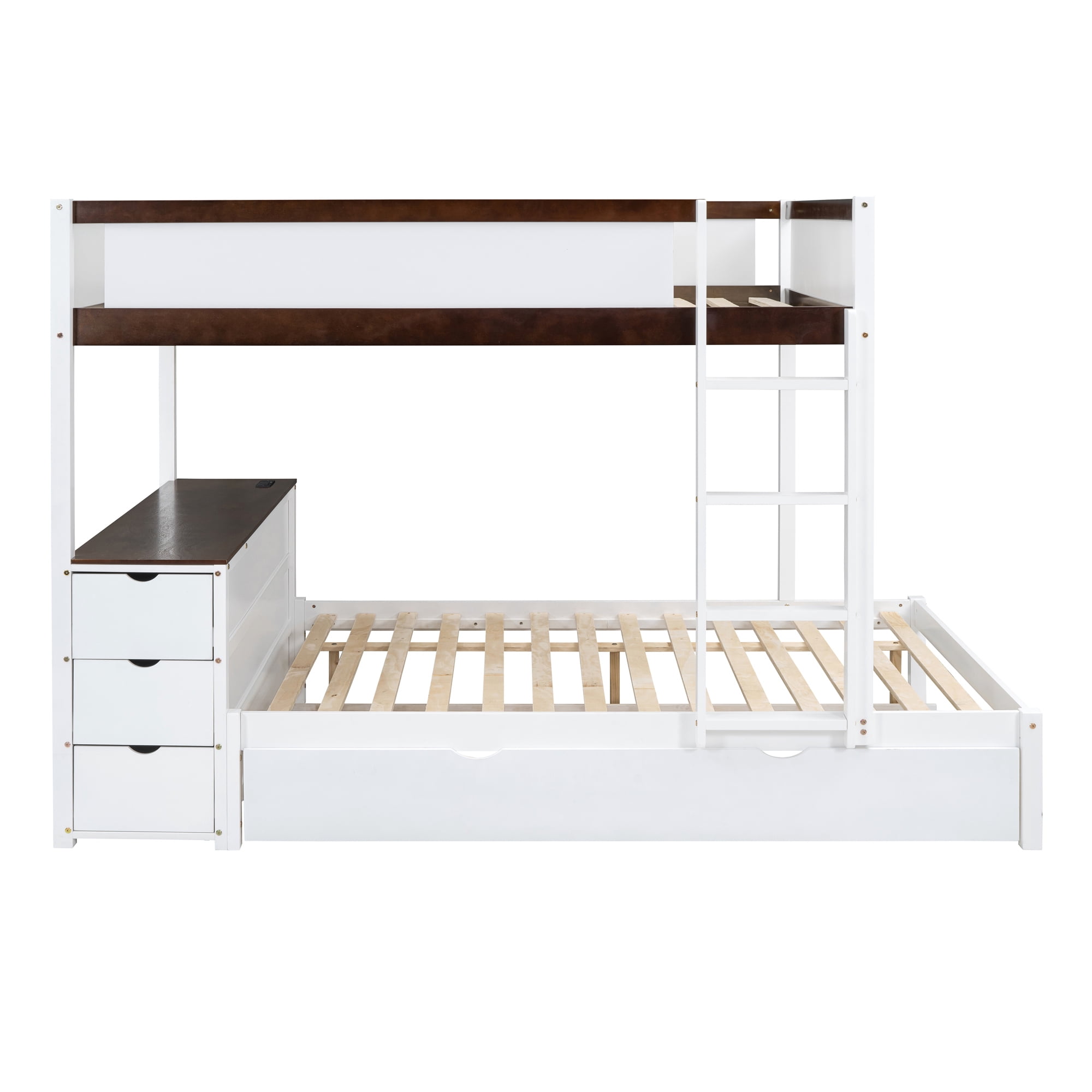 Full-Over-Full Bunk Bed with Twin size Trundle and 3 Storage Drawers, Solid Wood Floor Bunk Bed with Desk, Ladder and Guardrails for Kids Teens Adults