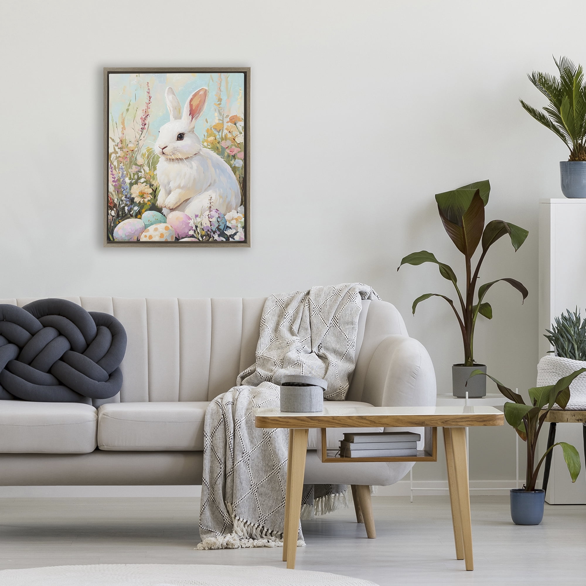 Stupell Industries White Easter Bunny in Wildflowers Brown Framed Floater Canvas Wall Art, design by The Prints Vibe