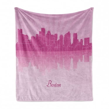 Massachusetts Soft Flannel Fleece Blanket, Monochrome Pastel Toned City Silhouette Buildings and Skyscrapers, Cozy Plush for Indoor and Outdoor Use, 50" x 60", Pale Pink Pale Fuchsia, by Ambesonne