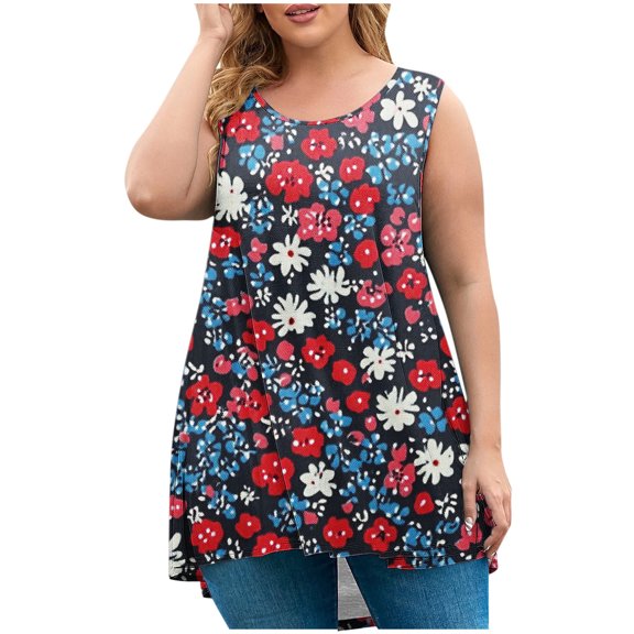 Gamivast Tank Tops for Women Plus Size Palm Tree Gradient Print Round Neck Sleeveless Loose Fit Breathable Shirts Summer Beach Vacation Tops