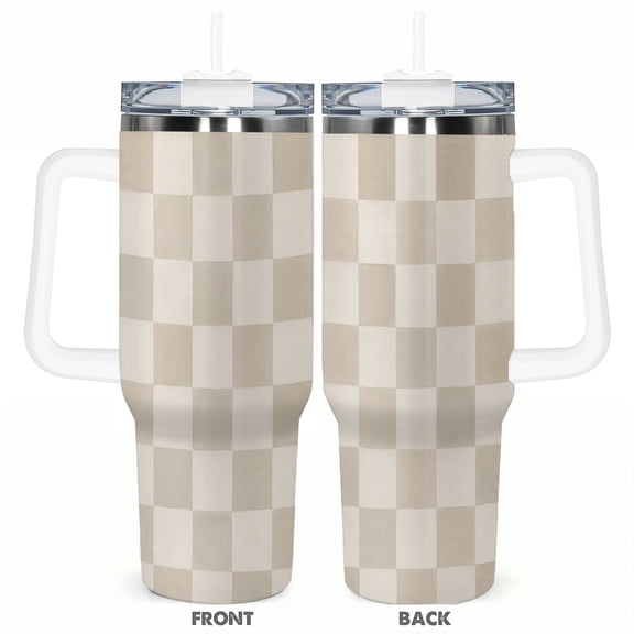 40oz Beige Checkered Pattern Travel Tumbler Insulated Car Cup with Handle and Straw Stainless Steel Large Capacity Coffee Cup Minimal Neutral Gift