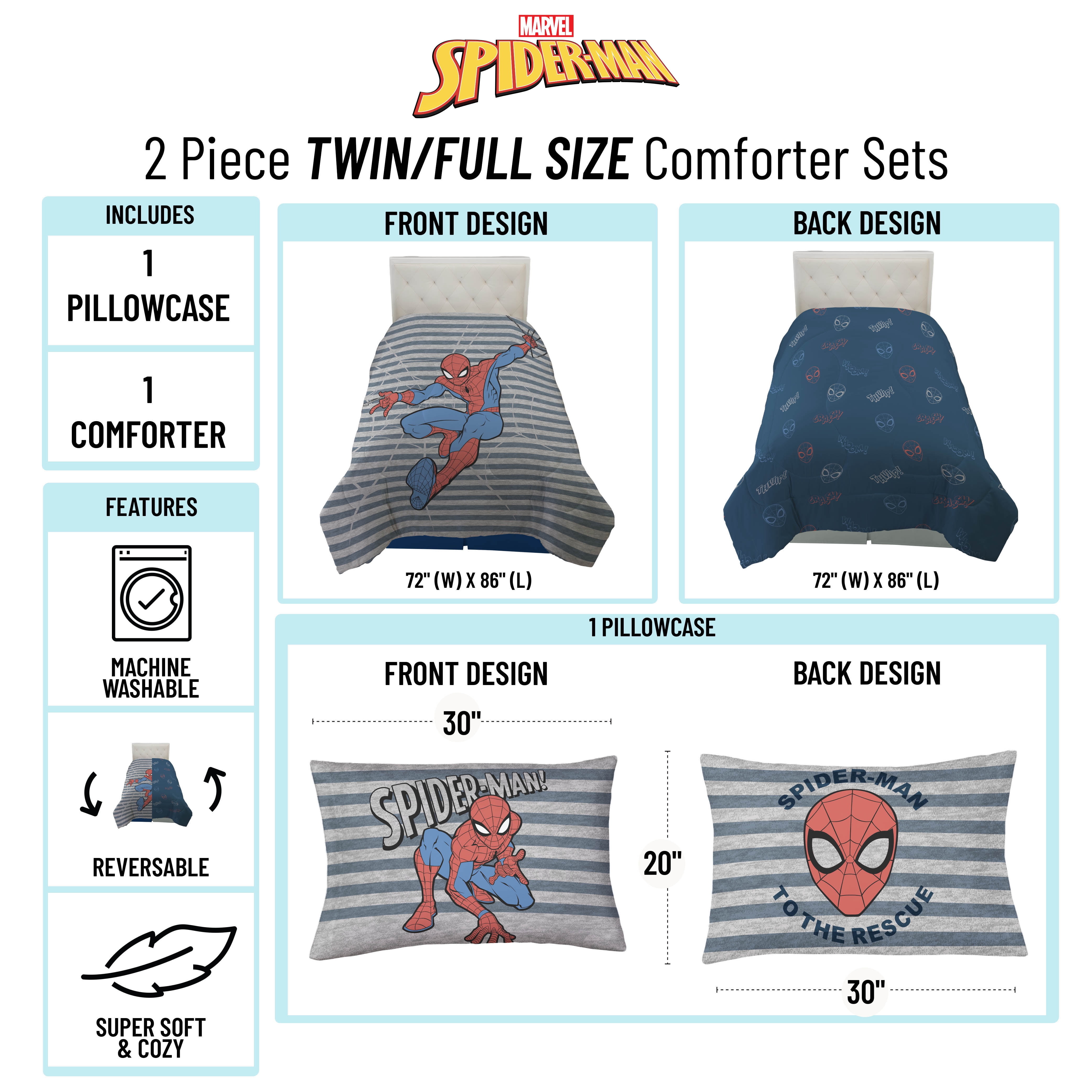Marvel SpiderMan Striped 2Piece Reversible Comforter and P