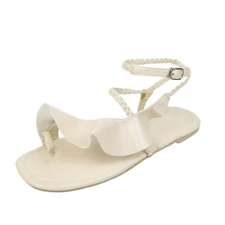 

Wiueurtly Ladies Sandals Sandals Ruffled Strap Casual Buckle Summer Flat Shoes Women s sandals Buckle Strap Sandals for Women Flat Shoes Wide Women Sandals