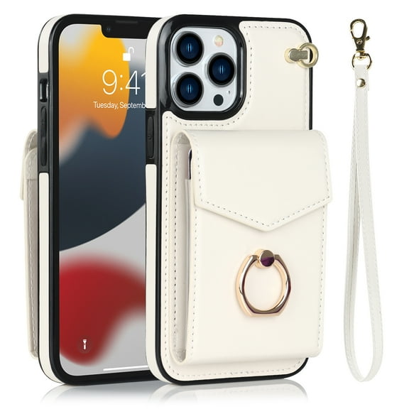 Nalacover Wallet Case for iPhone 13 Pro Max, Back Card Slots/Bag Magnetic Button Ring Holder Stand Cover with RFID Blocking Wrist Hand Strap Luxury PU Leather Anti-Shocks Protective Case, White