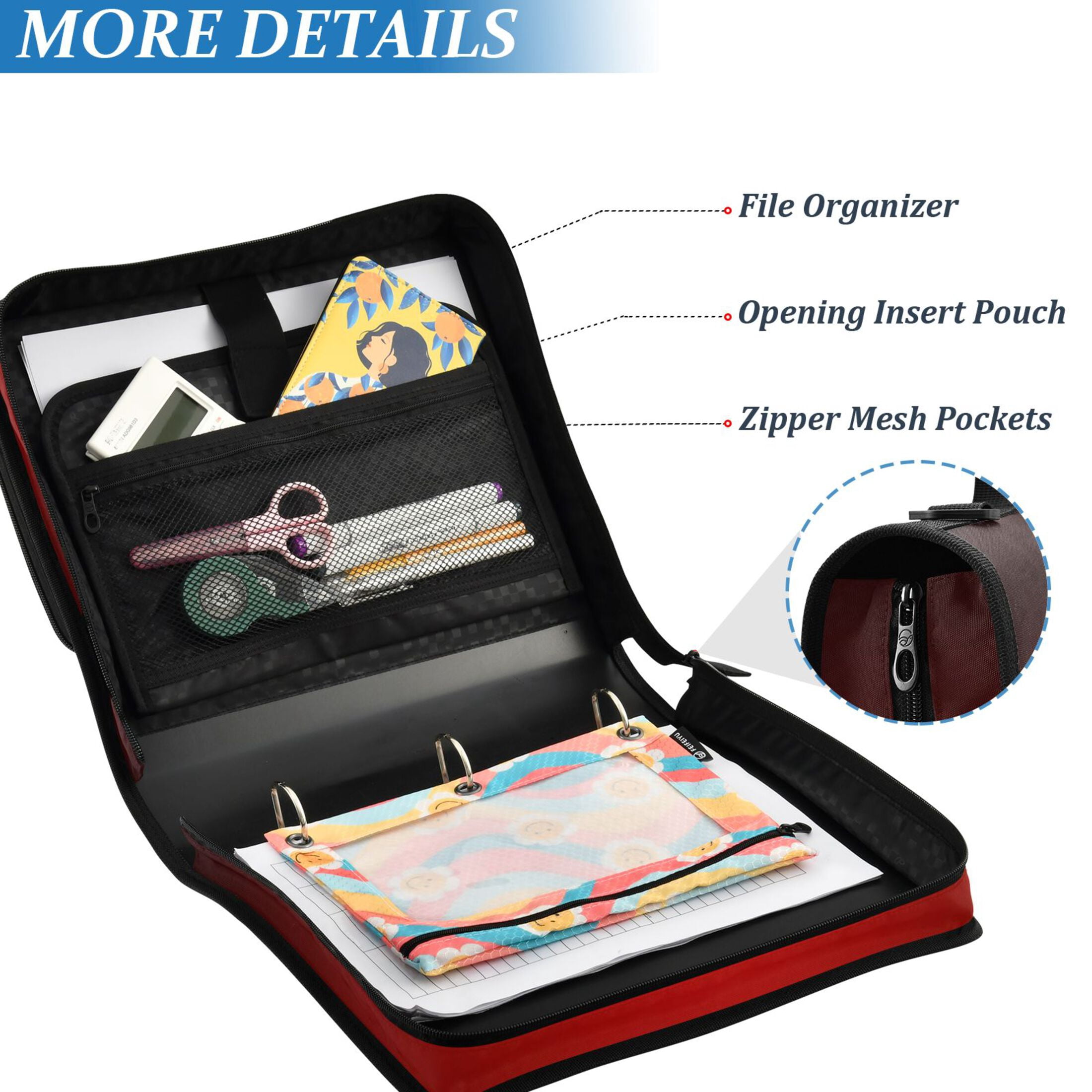 ALAZA Zipper Binder Gradient Red 3 Ring Trapper Keeper File Folder Organizer Bag
