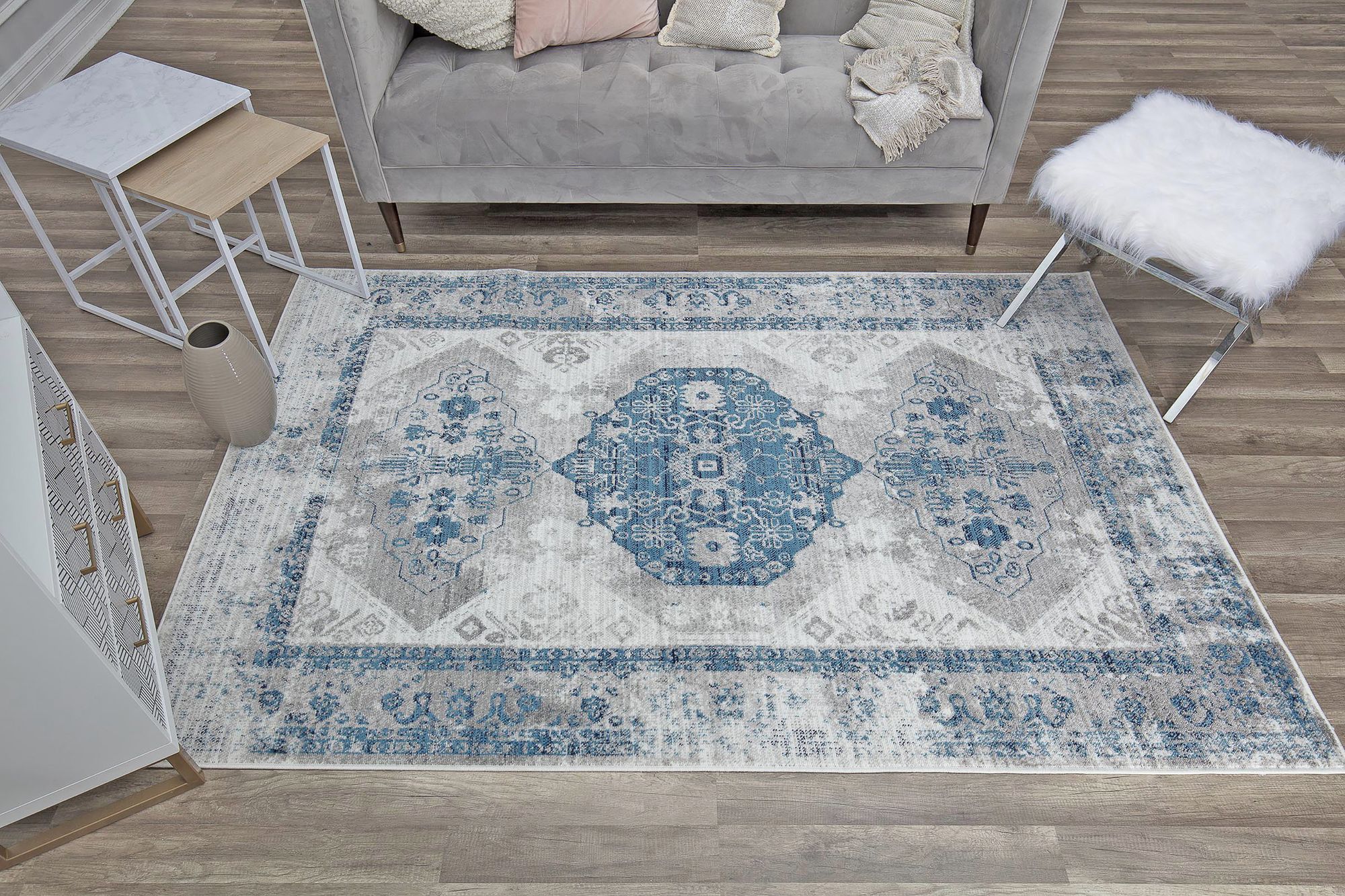 Freida FY25A Blue Grey Vintage Farmhouse Gray Area Rug, 8'x10'